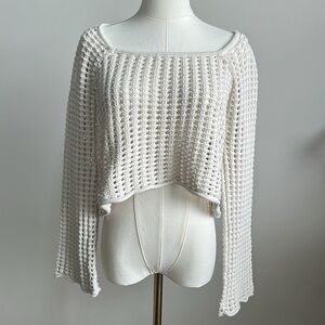 Women’s Crocket Knit Long Bell Sleeve Cropped Boho Beachy Swimsuit Cover‎ Up Med